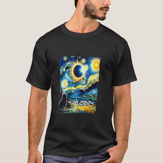 Camiseta Solar Eclipse 2024 Tshirt Cat Com Van Gogh Starry (Frente)