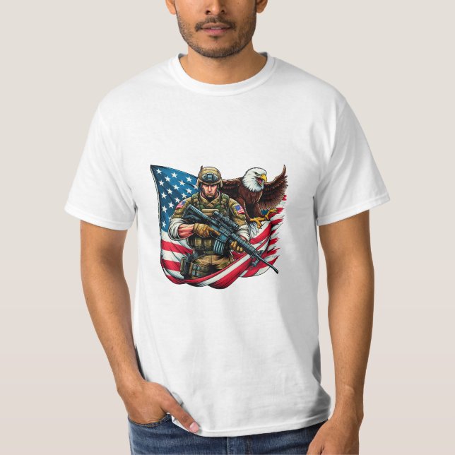 Camiseta Soldado Americano Eagle EUA Bandeira Arte Patrióti (Frente)