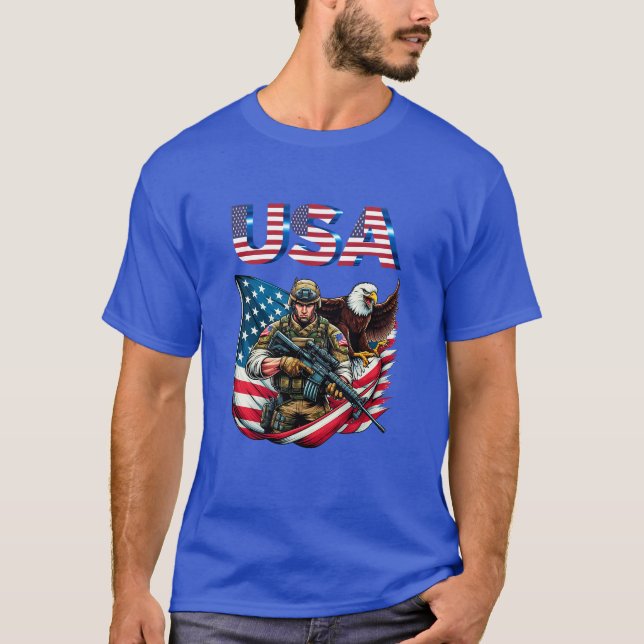 Camiseta Soldado Americano Eagle EUA Bandeira Arte Patrióti (Frente)