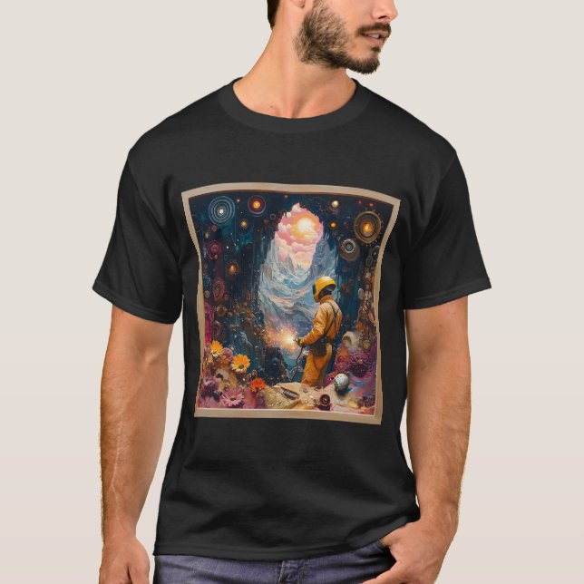 Camiseta Soldador Cósmico na Paisagem Floral do Sonho - Art (Frente)