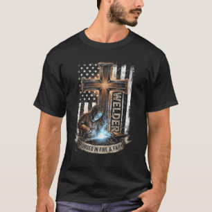 Camiseta Soldador Forjado em Fogo Fé Cruz Patriótica de Met