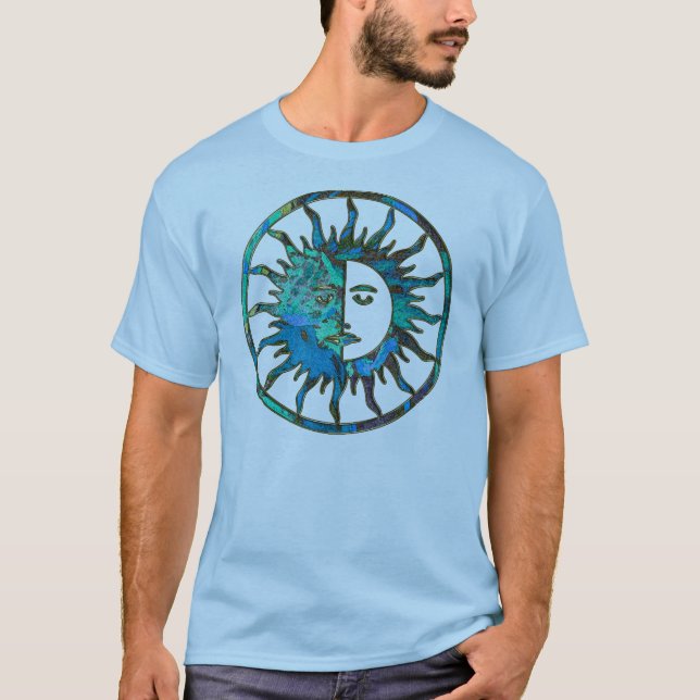 Camiseta SON e LUA em azul, ouro e prata (Frente)