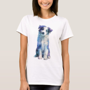 Camiseta Sonhador Collie de Fronteira Azul Aquarela Mulhere