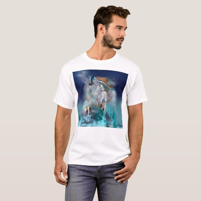 Camiseta Sonhador indiano e lobo-cabeça de etnia tribal (Frente Completa)