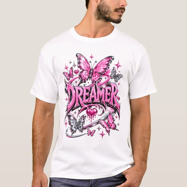 Camiseta Sonhadora Y2K Cromado Rosa Líquido (Frente)