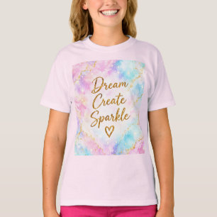 Camiseta Sonhar Criar Brilho Pastel Aquarela Dourado Rosa
