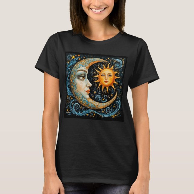 Camiseta Sonho Celestial Caprichoso: Lua e Sol.  (Frente)