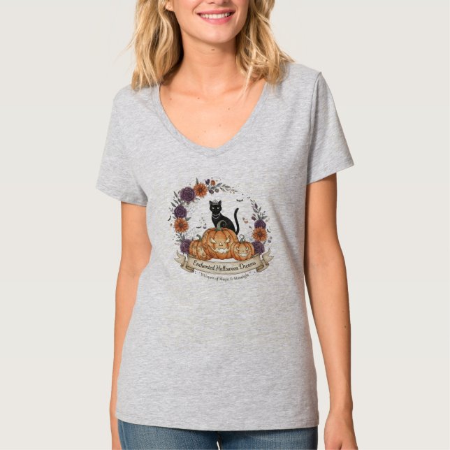 Camiseta "Sonhos de Halloween Sublimes" Black Cat V-Neck (Frente)