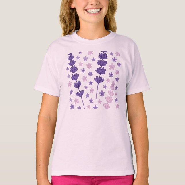 Camiseta Sonhos de lavanda - Púrpura Elegante e Pata Floral (Frente)