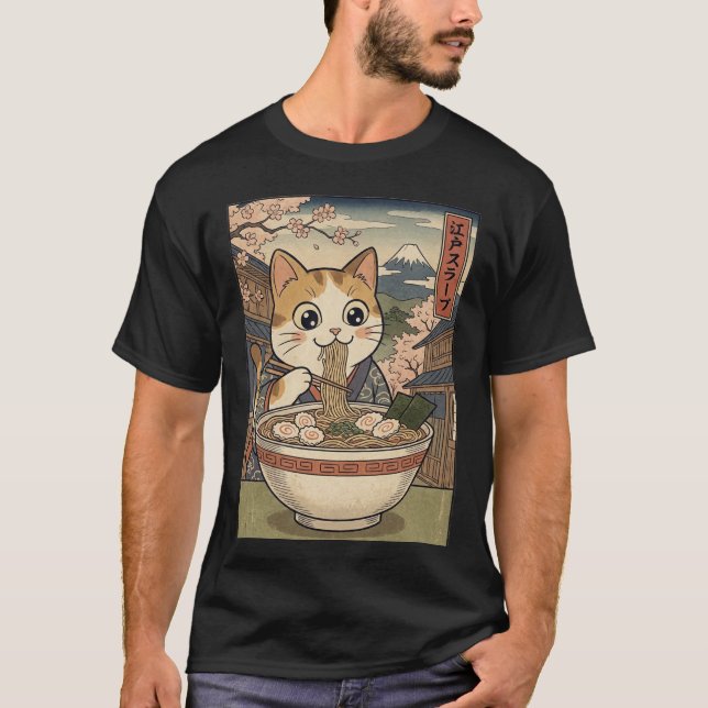 Camiseta Sonhos de Ramen de Neko – Gato Japonês no Estilo X (Frente)