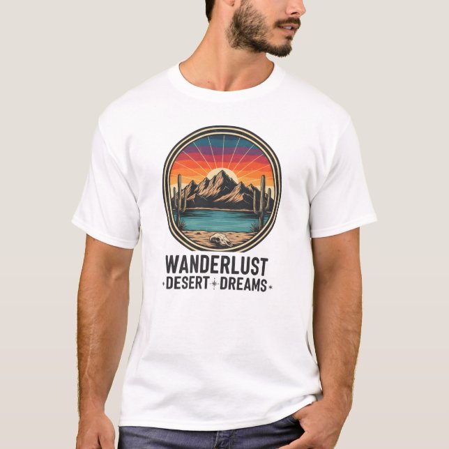 Camiseta Sonhos do Deserto de Wanderlust Retro Sunset (Frente)