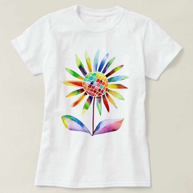Camiseta Sonnenblume mit Blätter in Regenbogenfarben (Frente do Design)