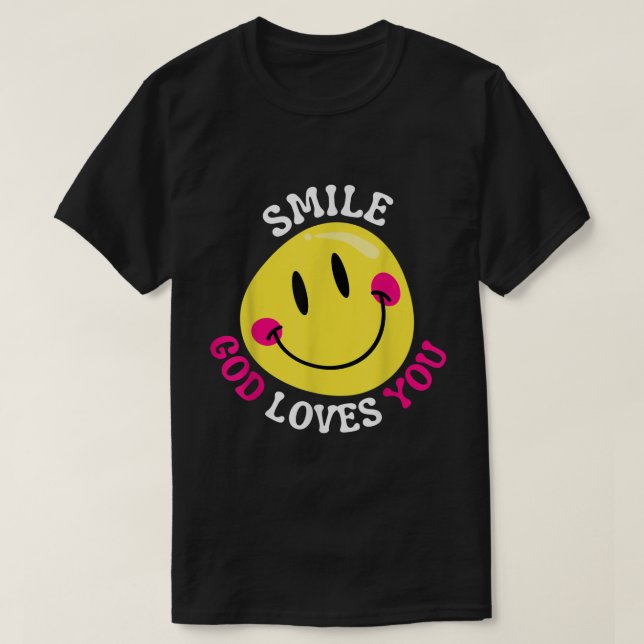 Camiseta Sorria Que Deus Te Ama Feliz Fé Ama Cristo Jesus (Frente do Design)