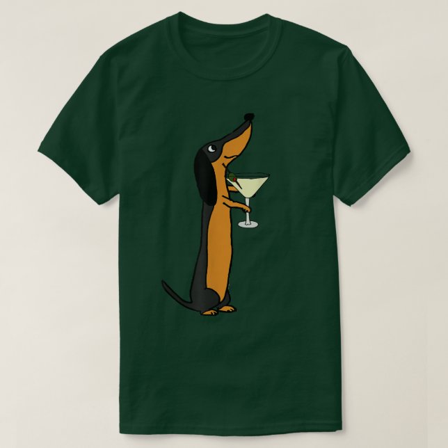 Camiseta Sorteio Engraçado Dachshund Dog Bebendo Martini (Frente do Design)