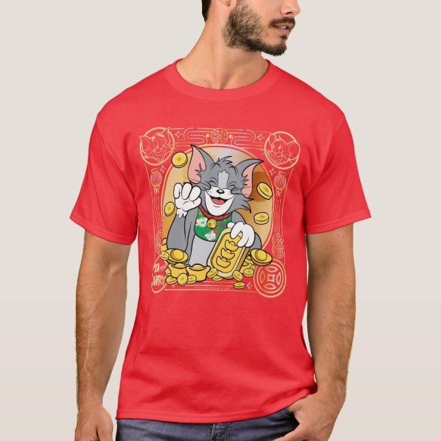 Camiseta Sortudo Gato Jerry Com Sinais Dourados (Frente)