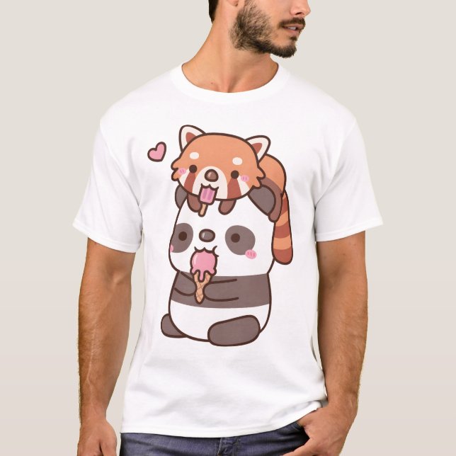 Camiseta Sorvete De Comida De Panda Vermelha E Panda Para A (Frente)