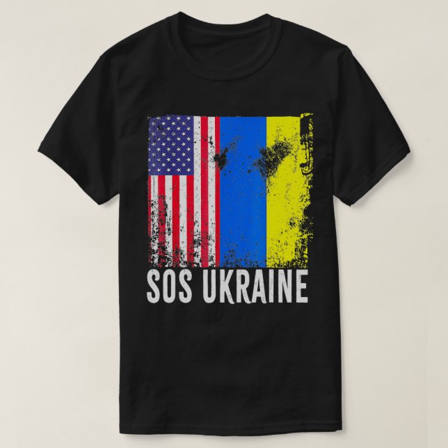 Camiseta Sos Ukraine Flag American Flag Support Ukraine Map (Frente do Design)