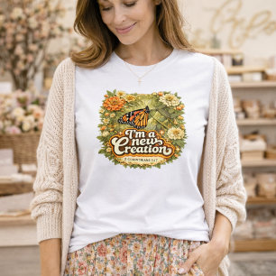 Camiseta Sou uma Nova Criação Borboleta Floral Vintage Bíbl