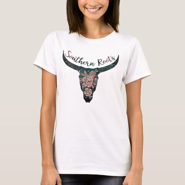 Camiseta South Roots Country Longhorn Pink Rose & Green (Frente)