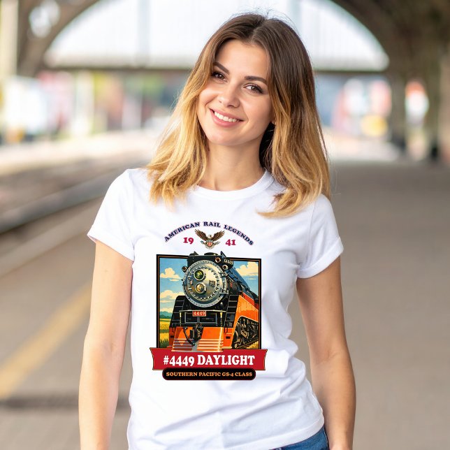 Camiseta SP GS-4 Daylight 4449 Steam Locomotive Retro Print (SP GS-4 Daylight 4449 Steam Locomotive Retro Print. Women Basic White T-Shirt)