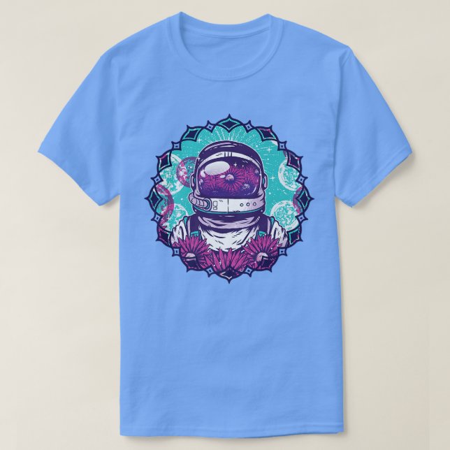 Camiseta Space Astronaut with Planets, Moons and Flowers  (Frente do Design)