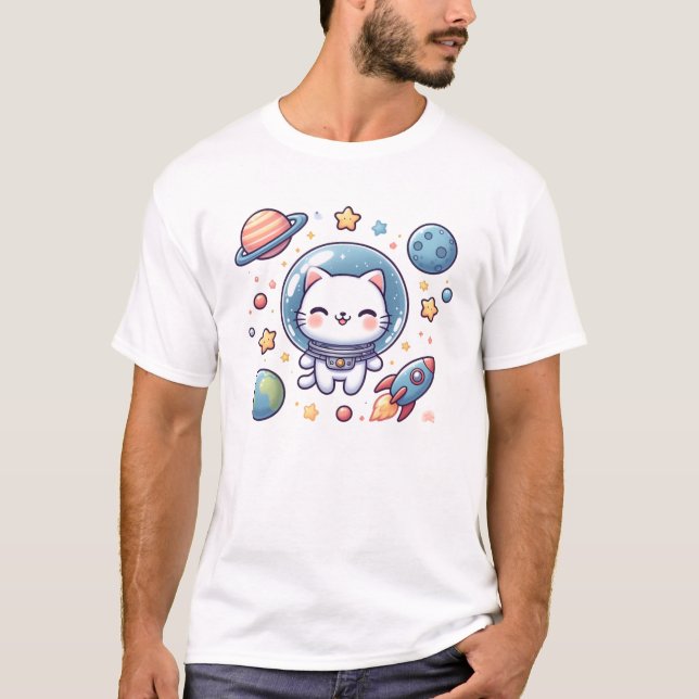 Camiseta Space Cat Explorer - Design de Gatinho Cósmico Kaw (Frente)