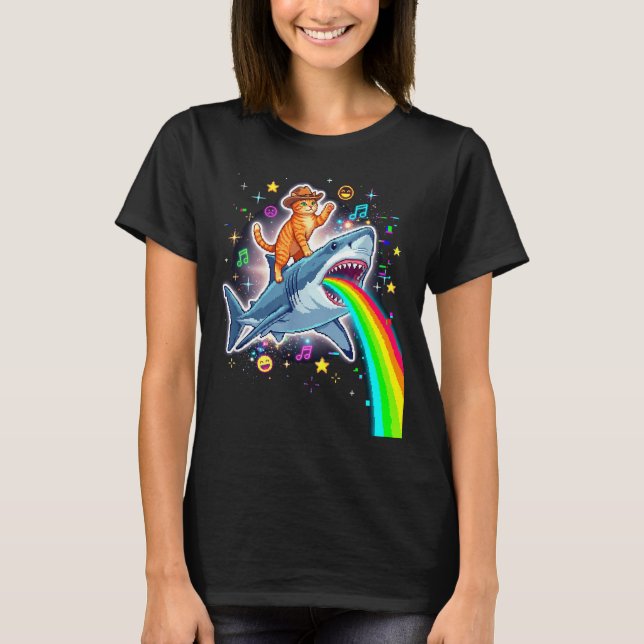 Camiseta Space Cowboy Cat Riding Shark Rainbow Xel Art  (Frente)