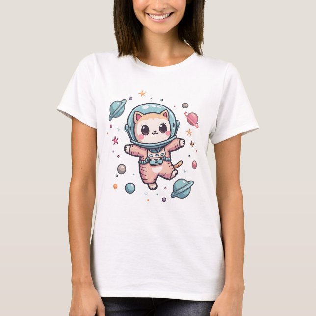 Camiseta Space Meow-naut, gato kawaii fofo (Frente)