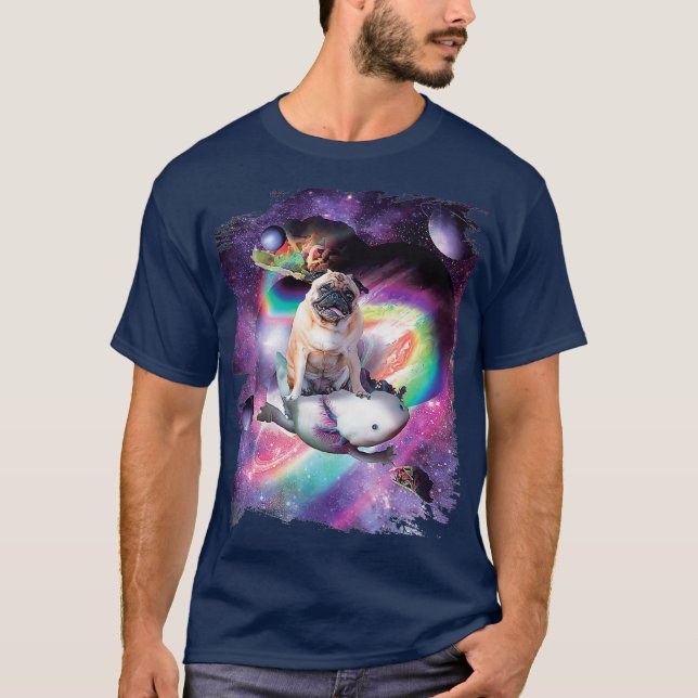 Camiseta Space Pug Dog Riding Axolotl  Rainbow (Frente)