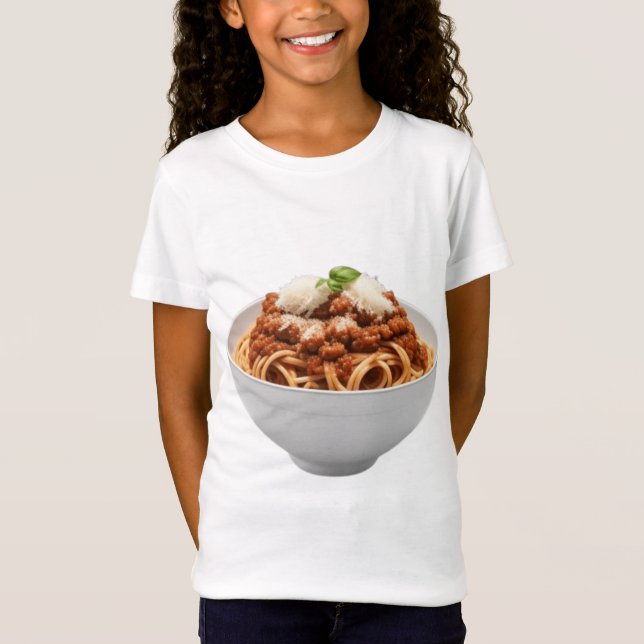 Camiseta Spaghetti Bolognese com folhas de queijo e manjeri (Frente)