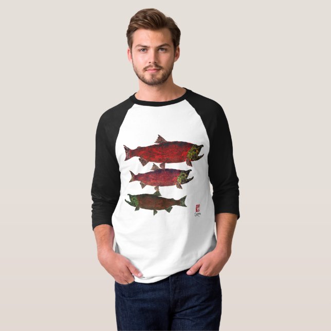 Camiseta Spawning salmões - 3/4 de t-shirt do Raglan da (Frente Completa)