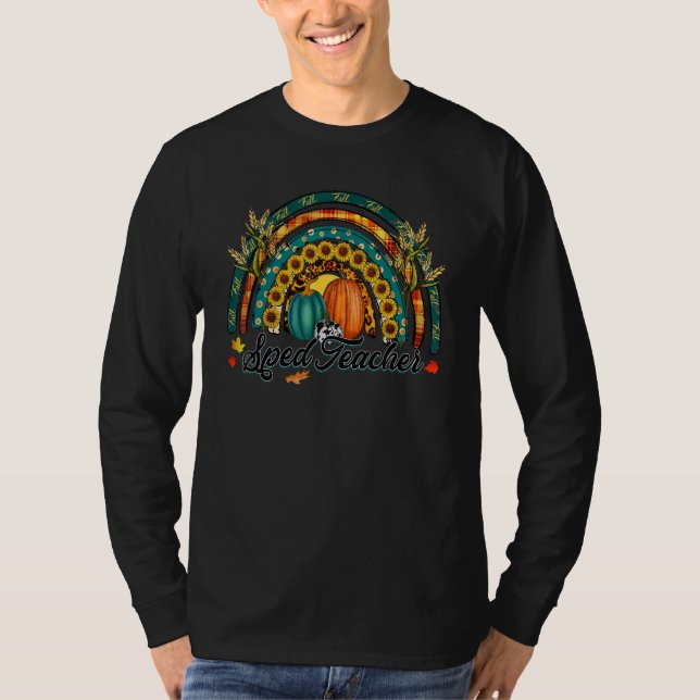 Camiseta Sped teacher Hello Fall Rainbow Pumpkin Leopard (Frente)