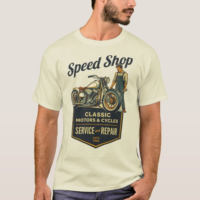 Camiseta Speed Shop – Classic Motors & Cycles Retro Garage  (Frente)