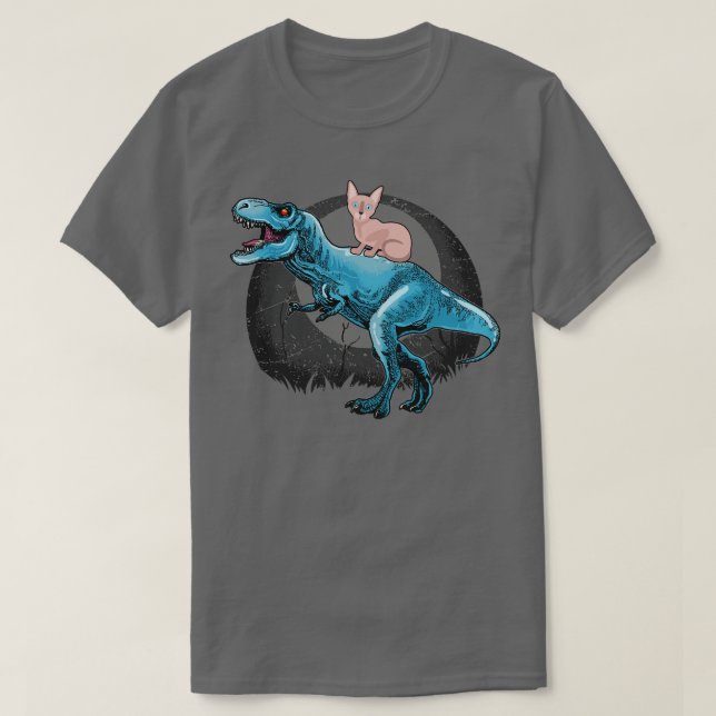 Camiseta Sphynx Cat Andando Um TRex (Frente do Design)