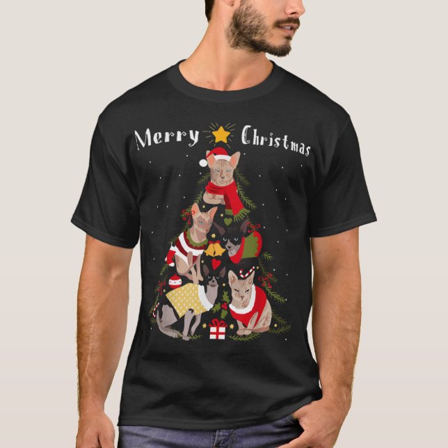 Camiseta Sphynx Cat Árvore de Natal Xmas Cat Lover (Frente)