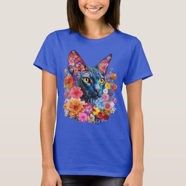 Camiseta Sphynx Cat Flowers T-shirt feminina | Floral (Frente)