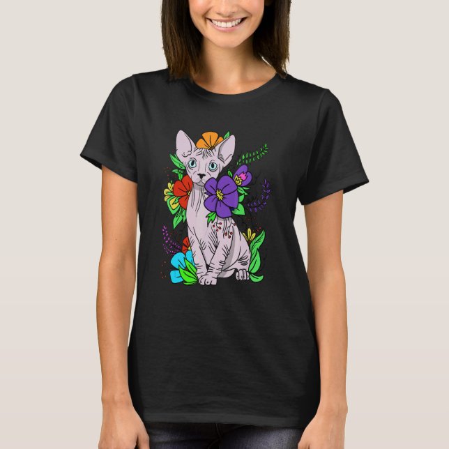 Camiseta Sphynx Cat Hairless Kitten Floral Flowers (Frente)