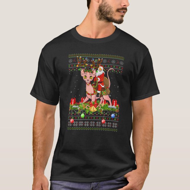 Camiseta Sphynx Cat  Ugly Santa Riding Sphynx Cat Christmas (Frente)
