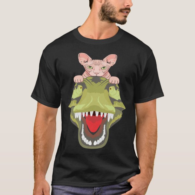 Camiseta Sphynx Riding A T-Rex Dinosaur Hairless Cat Lover (Frente)