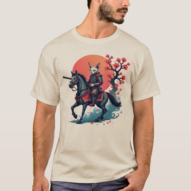 Camiseta Sphynx Samurai Riding Horse - Cherry Blossom Japão (Frente)