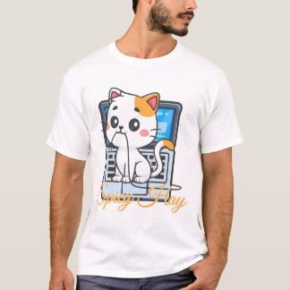 Camiseta Spicy Hay Funny Cat Biting Cord Kawaii Art