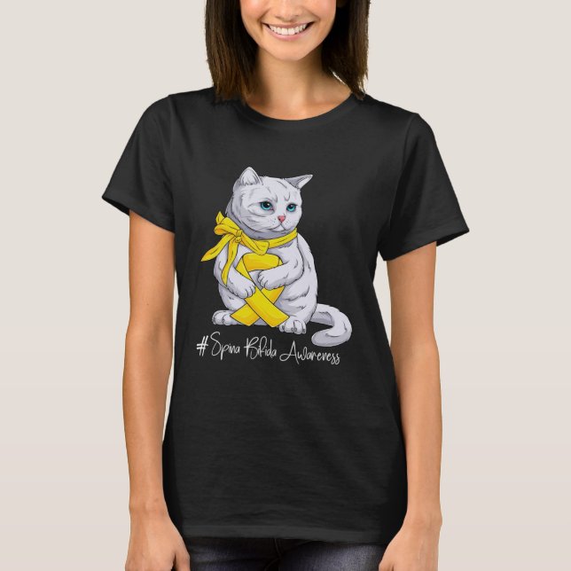 Camiseta Spina Bifida Consciência Mês Fita Amarela Gato (Frente)