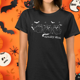 Camiseta Spookes Vibes Cat Fantasmas Pretos e Brancos