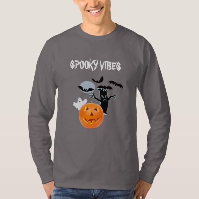 Camiseta Spookes Vibes Halloween com Espírito Branco e Text (Frente)