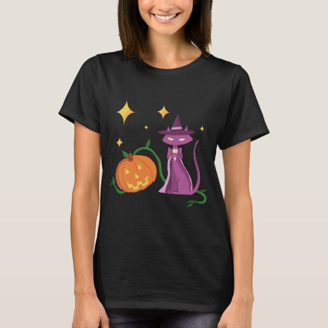 Camiseta Spooky and Cute Halloween Witch Cat and Pumpkin (Frente)