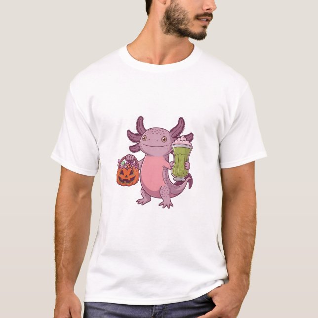 Camiseta Spooky Axolotl Segurando Matcha e Tratando Hallowe (Frente)
