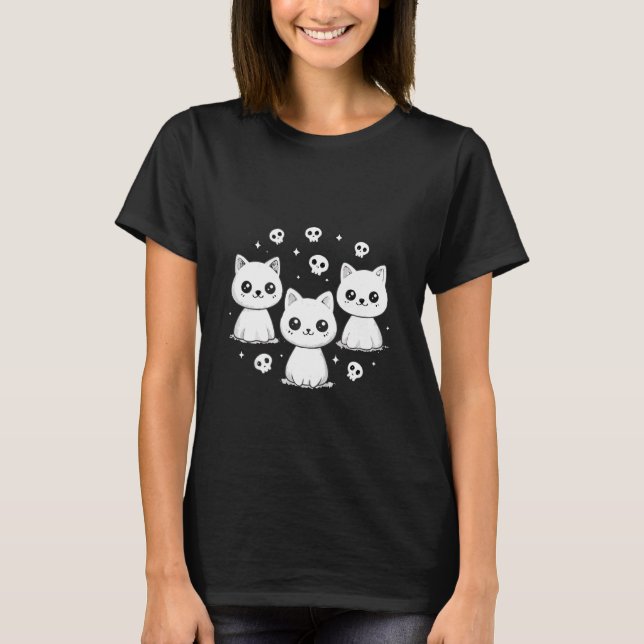 Camiseta Spooky Cat Ghosts Retro Halloween Women Girls (Frente)