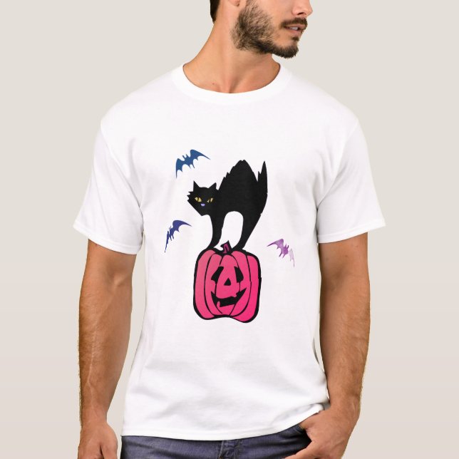 Camiseta Spooky Cat Halloween Pumpkin Pop Art (Frente)