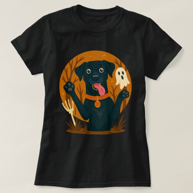 Camiseta Spooky Cute Black Dog with Ghost  (Frente do Design)