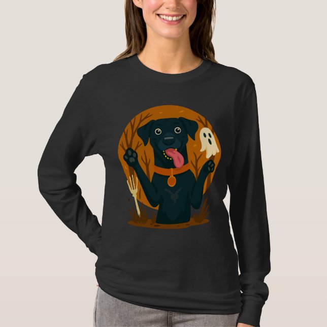 Camiseta Spooky Cute Black Dog with Ghost  (Frente)